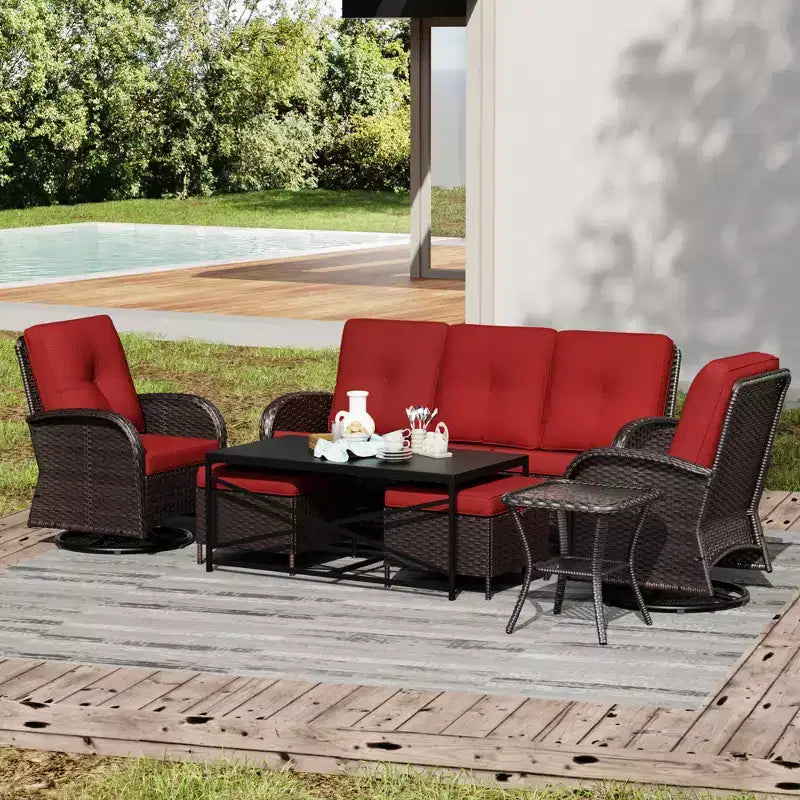 UPTIOT 7-Piece Outdoor Patio Set with 3-Seat Sofa, Two Swivel Chairs, Ottomans, Coffee & Side Tables