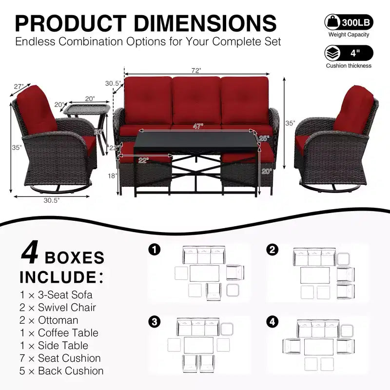 UPTIOT 7-Piece Outdoor Patio Set with 3-Seat Sofa, Two Swivel Chairs, Ottomans, Coffee & Side Tables