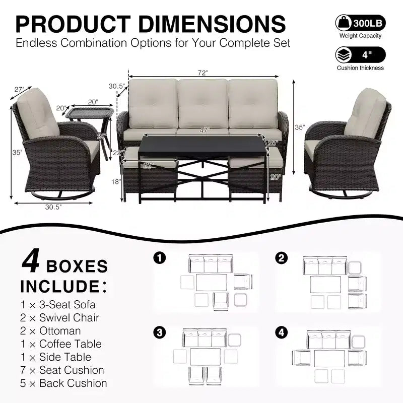 UPTIOT 7-Piece Outdoor Patio Set with 3-Seat Sofa, Two Swivel Chairs, Ottomans, Coffee & Side Tables
