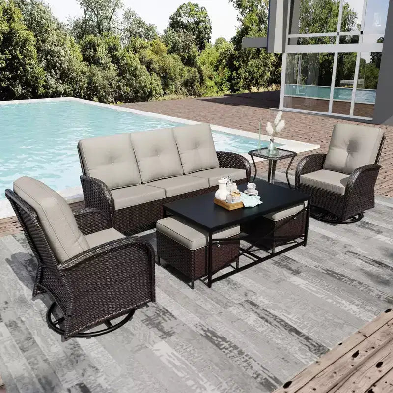 UPTIOT 7-Piece Outdoor Patio Set with 3-Seat Sofa, Two Swivel Chairs, Ottomans, Coffee & Side Tables