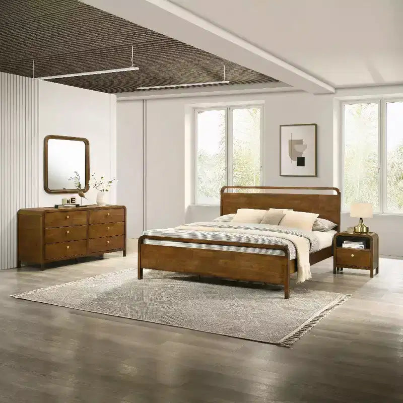 Roundhill Furniture Eldren Wood Bedroom Set, Platform Bed with Dresser, Mirror, and Two Nightstands in Walnut Finish