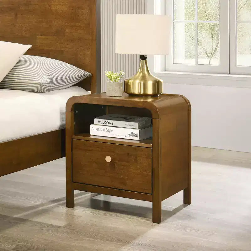 Roundhill Furniture Eldren Wood Bedroom Set, Platform Bed with Dresser, Mirror, and Two Nightstands in Walnut Finish