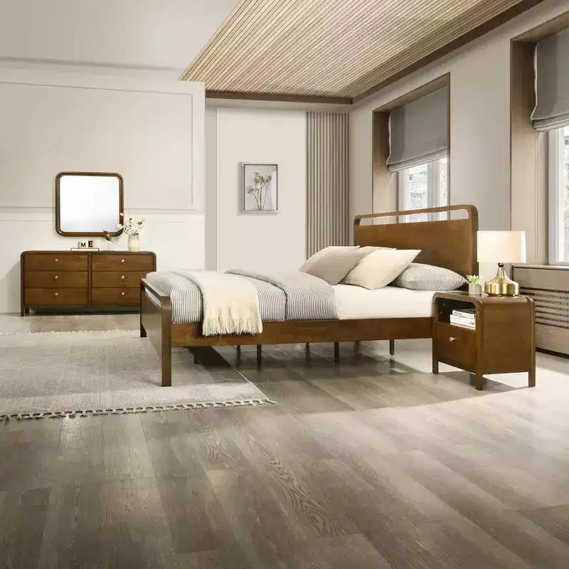 Roundhill Furniture Eldren Wood Bedroom Set, Platform Bed with Dresser, Mirror, and Two Nightstands in Walnut Finish