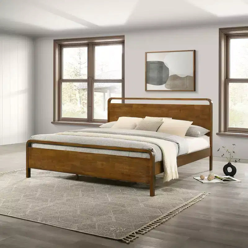 Roundhill Furniture Eldren Wood Bedroom Set, Platform Bed with Dresser, Mirror, and Two Nightstands in Walnut Finish