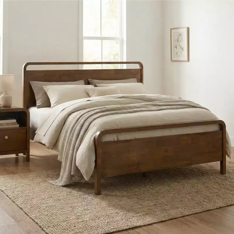 Roundhill Furniture Eldren Wood Bedroom Set, Platform Bed with Dresser, Mirror, and Two Nightstands in Walnut Finish