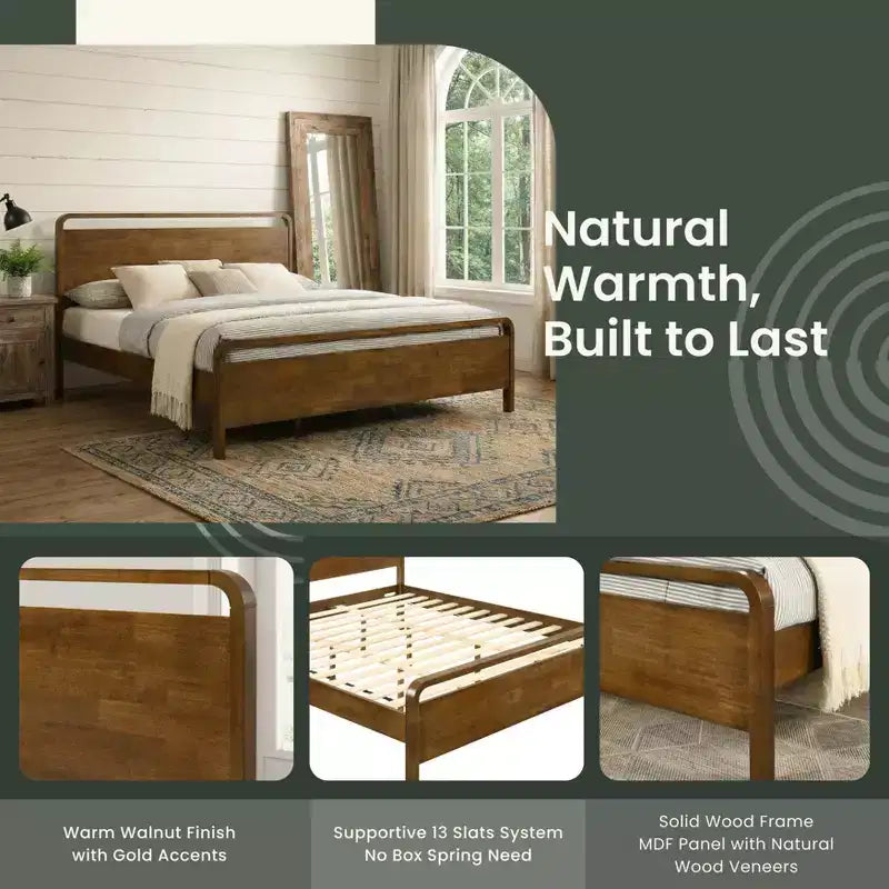 Roundhill Furniture Eldren Wood Bedroom Set, Platform Bed with Dresser, Mirror, and Two Nightstands in Walnut Finish
