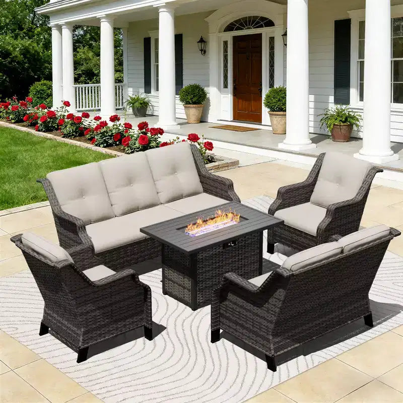 UPTIOT Outdoor Luxury Set with 3-Seater Sofa, Loveseat, Swivel Chairs & Fire Pit for All-Season Comfort