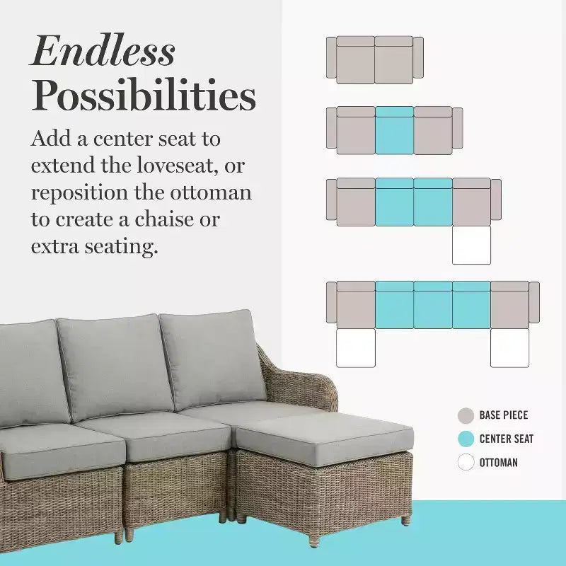 Martha Stewart All-Weather Rattan Wicker Patio Loveseat, 2 Chairs,Coffee Table - Weathered Gray
