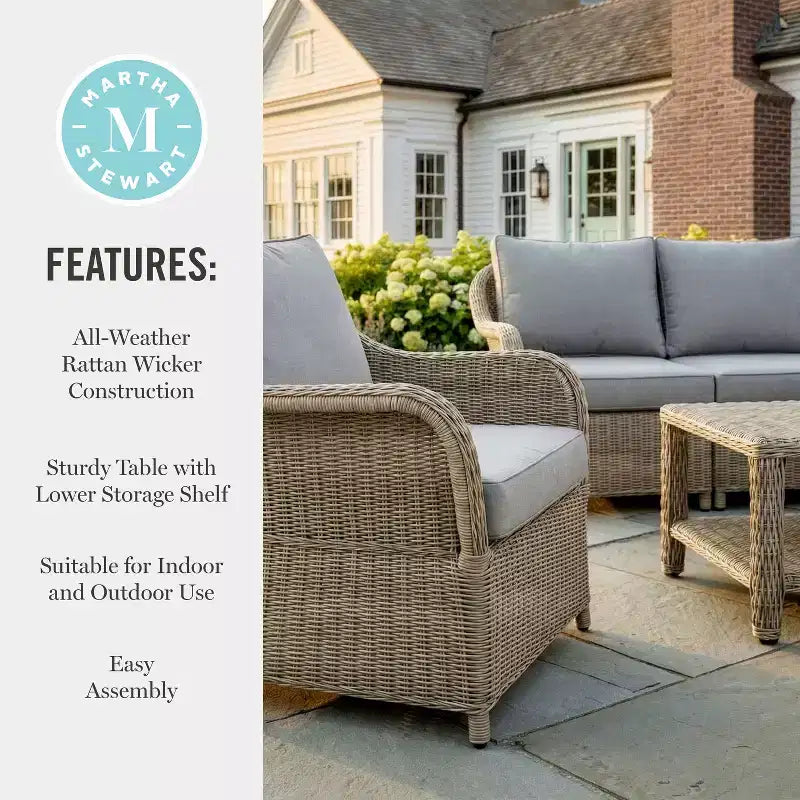 Martha Stewart All-Weather Rattan Wicker Patio Loveseat, 2 Chairs,Coffee Table - Weathered Gray