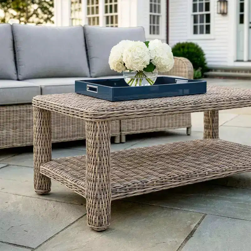 Martha Stewart All-Weather Rattan Wicker Patio Loveseat, 2 Chairs,Coffee Table - Weathered Gray
