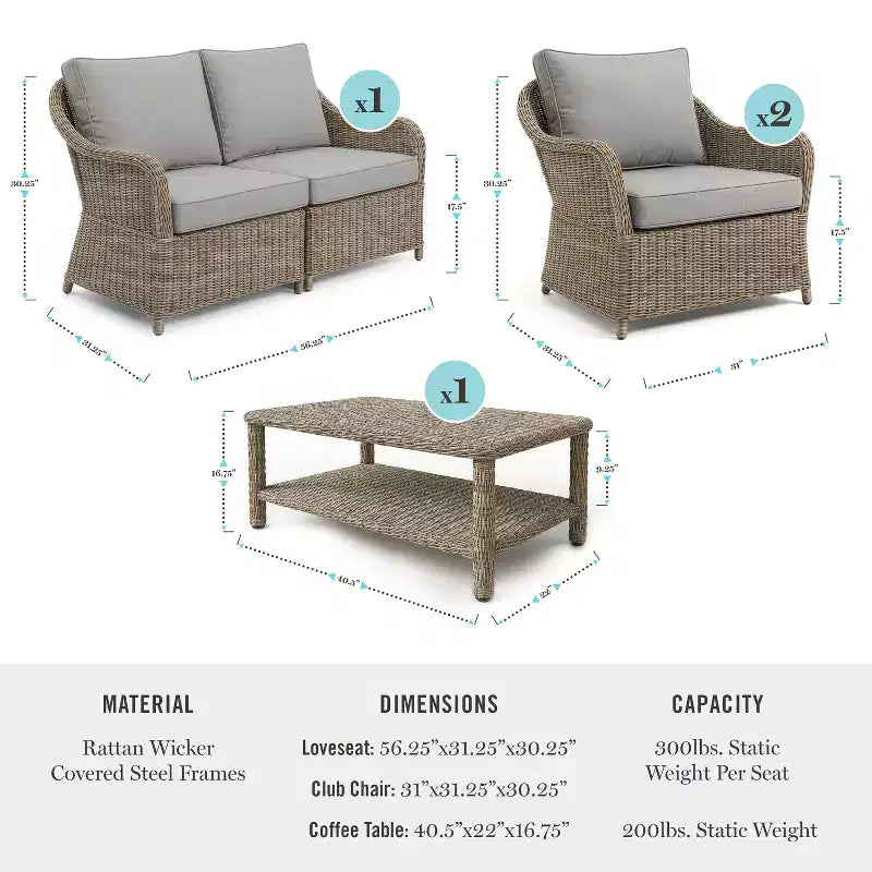 Martha Stewart All-Weather Rattan Wicker Patio Loveseat, 2 Chairs,Coffee Table - Weathered Gray