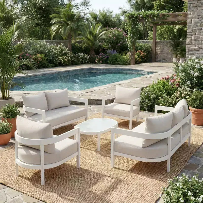 Christopher Knight Home Althea 5 Piece Modern Outdoor Curved Aluminum Conversation Set with Glass Coffee Table