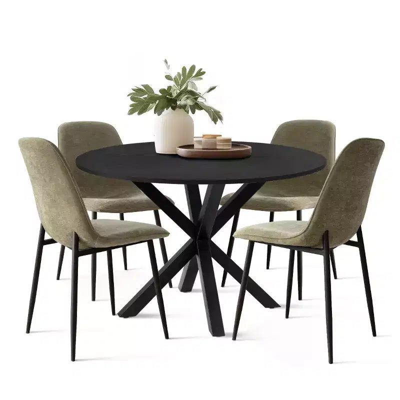 5-Piece Round Dining Table Set with 4 Upholstered Chairs, Black Pedestal Kitchen Table for Small Spaces-Panipeachy