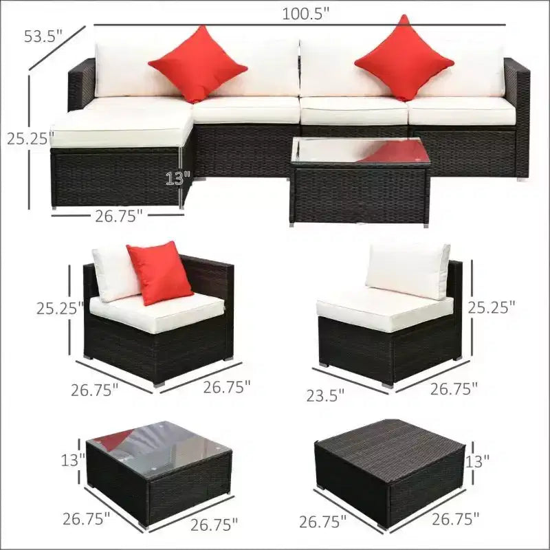 GDFStudio Paige 6-Piece Outdoor Conversation Sofa Set with Ottoman and Tempered Glass Coffee Table