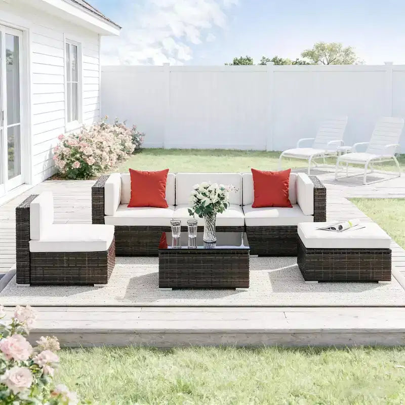 GDFStudio Paige 6-Piece Outdoor Conversation Sofa Set with Ottoman and Tempered Glass Coffee Table