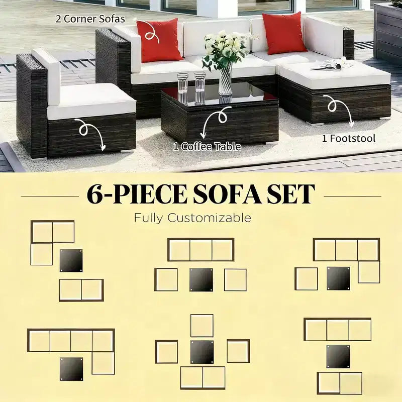 GDFStudio Paige 6-Piece Outdoor Conversation Sofa Set with Ottoman and Tempered Glass Coffee Table