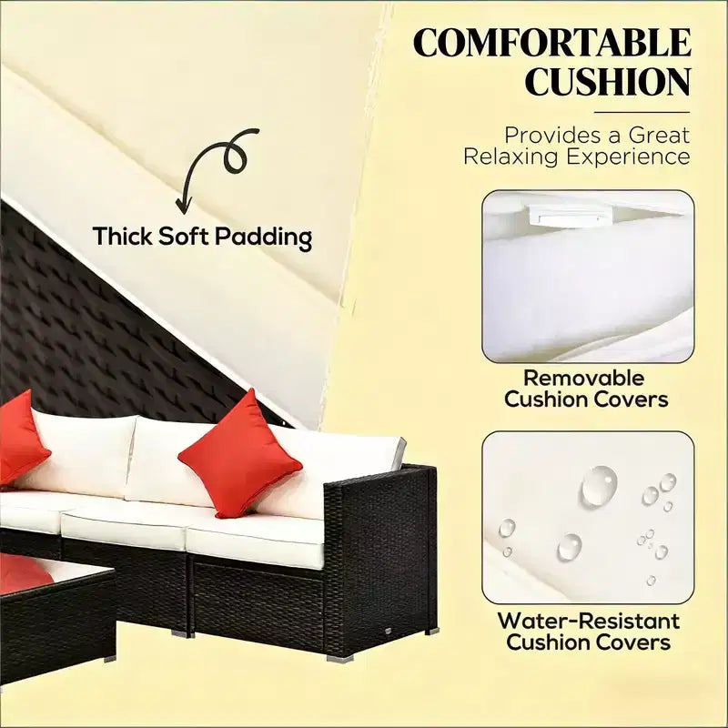 GDFStudio Paige 6-Piece Outdoor Conversation Sofa Set with Ottoman and Tempered Glass Coffee Table
