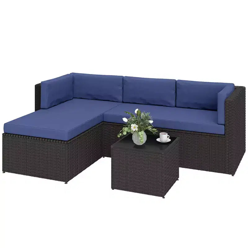 Outsunny Patio Furniture Set, Wicker Rattan Outdoor Patio Conversation Furniture Set with Cushions, Glass Top Coffee Table