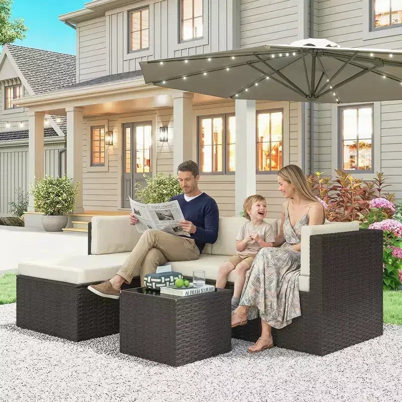 Outsunny Patio Furniture Set, Wicker Rattan Outdoor Patio Conversation Furniture Set with Cushions, Glass Top Coffee Table