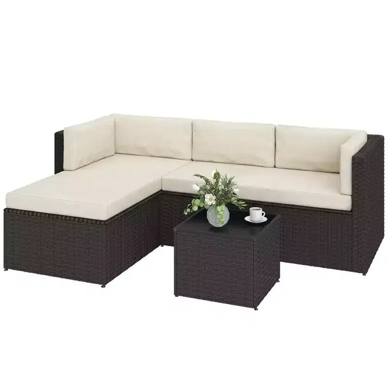 Outsunny Patio Furniture Set, Wicker Rattan Outdoor Patio Conversation Furniture Set with Cushions, Glass Top Coffee Table