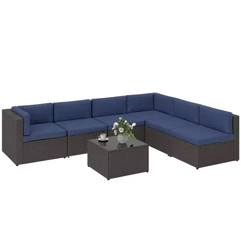 Outsunny 7 Piece Patio Furniture Set, All Weather PE Rattan Outdoor Furniture Conversation Sets with Cushions, Glass Top Coffee Table