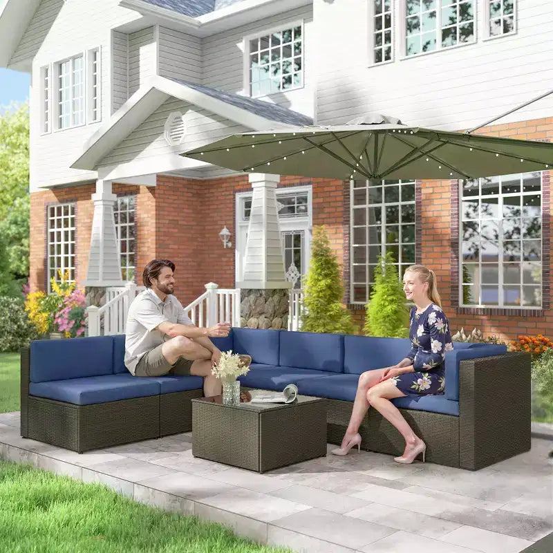 Outsunny 7 Piece Patio Furniture Set, All Weather PE Rattan Outdoor Furniture Conversation Sets with Cushions, Glass Top Coffee Table
