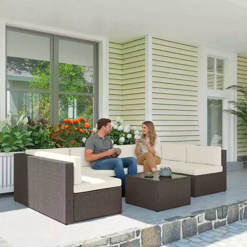 Outsunny 7 Piece Patio Furniture Set, All Weather PE Rattan Outdoor Furniture Conversation Sets with Cushions, Glass Top Coffee Table