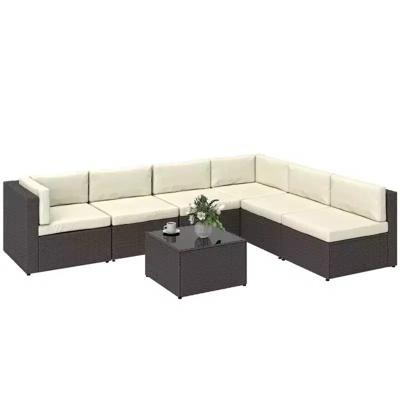 Outsunny 7 Piece Patio Furniture Set, All Weather PE Rattan Outdoor Furniture Conversation Sets with Cushions, Glass Top Coffee Table