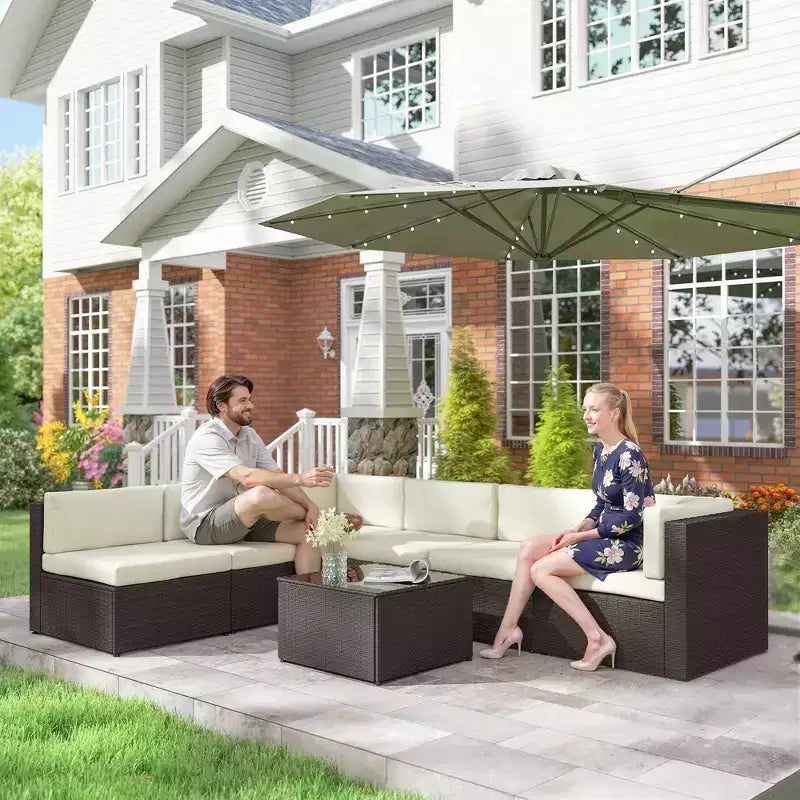 Outsunny 7 Piece Patio Furniture Set, All Weather PE Rattan Outdoor Furniture Conversation Sets with Cushions, Glass Top Coffee Table
