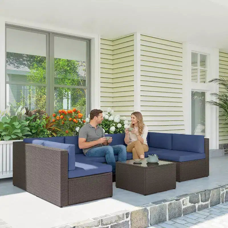 Outsunny 7 Piece Patio Furniture Set, All Weather PE Rattan Outdoor Furniture Conversation Sets with Cushions, Glass Top Coffee Table