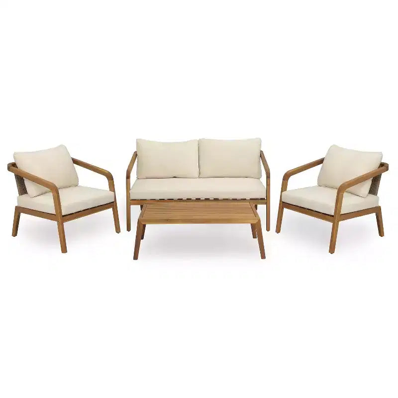 Christopher Knight Home Paula Patio Modern Acacia Wood and PE Wicker 4-Piece Conversation Set with Cushions