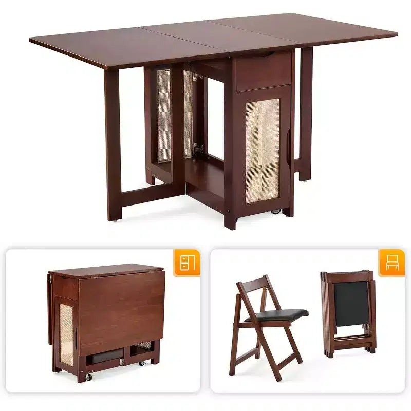 Karl Home 4-Person Walnut Wood Foldable Dining Set