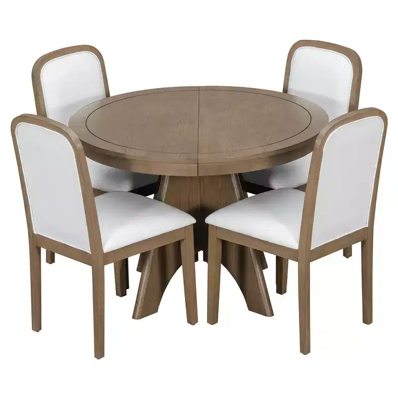 Extendable Dining Table Set for 6 with 4 Upholstered Chairs, Rustic Farmhouse Kitchen Table Set with Distressed Finish