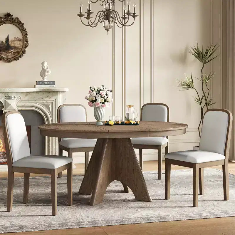Extendable Dining Table Set for 6 with 4 Upholstered Chairs, Rustic Farmhouse Kitchen Table Set with Distressed Finish