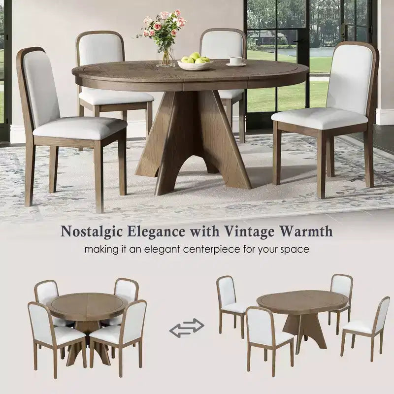Extendable Dining Table Set for 6 with 4 Upholstered Chairs, Rustic Farmhouse Kitchen Table Set with Distressed Finish