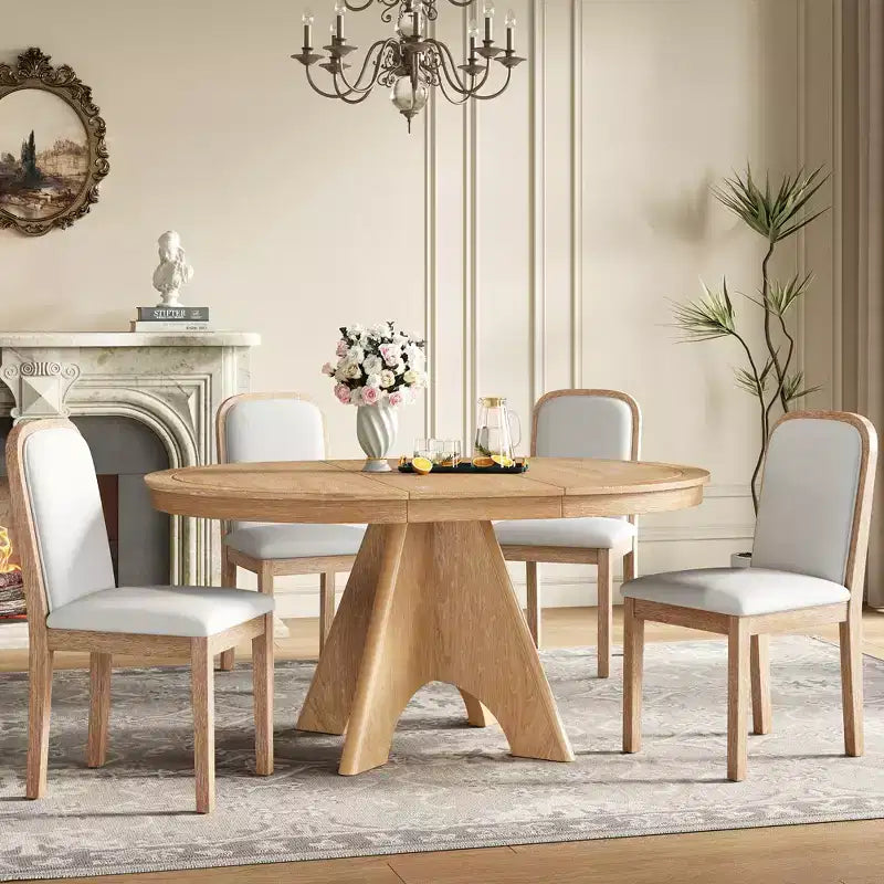 Extendable Dining Table Set for 6 with 4 Upholstered Chairs, Rustic Farmhouse Kitchen Table Set with Distressed Finish