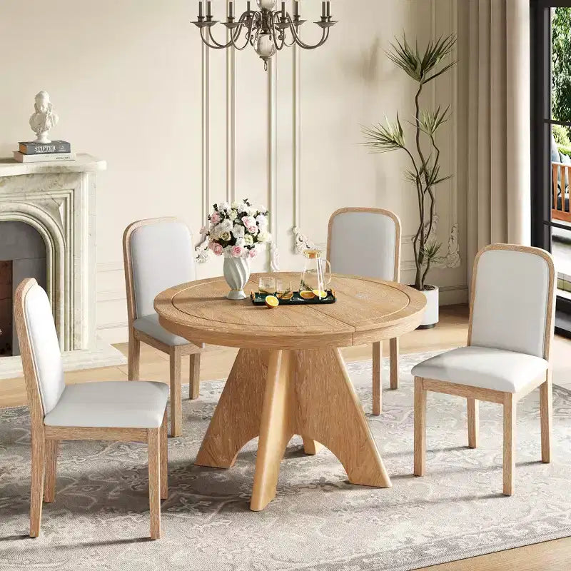 Extendable Dining Table Set for 6 with 4 Upholstered Chairs, Rustic Farmhouse Kitchen Table Set with Distressed Finish