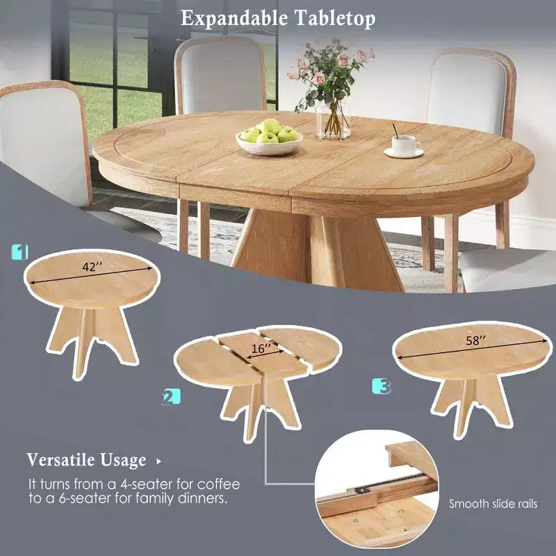 Extendable Dining Table Set for 6 with 4 Upholstered Chairs, Rustic Farmhouse Kitchen Table Set with Distressed Finish