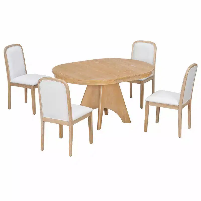 Extendable Dining Table Set for 6 with 4 Upholstered Chairs, Rustic Farmhouse Kitchen Table Set with Distressed Finish