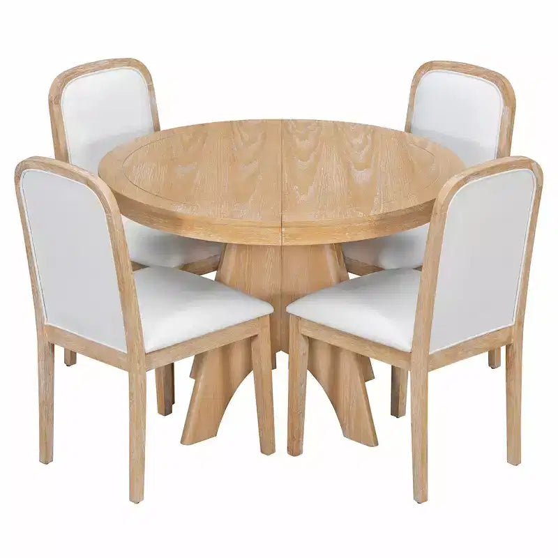 Extendable Dining Table Set for 6 with 4 Upholstered Chairs, Rustic Farmhouse Kitchen Table Set with Distressed Finish