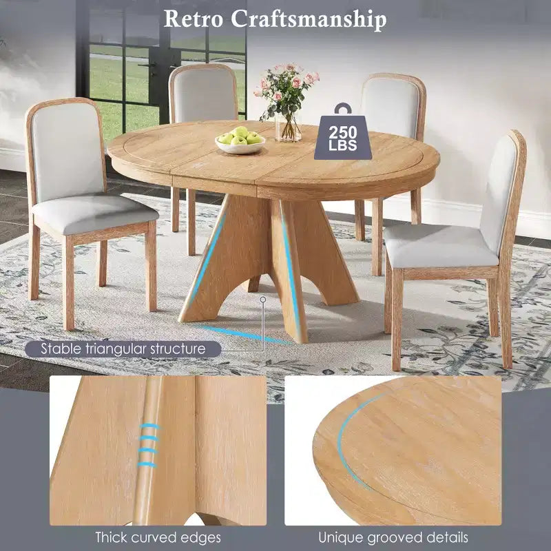 Extendable Dining Table Set for 6 with 4 Upholstered Chairs, Rustic Farmhouse Kitchen Table Set with Distressed Finish
