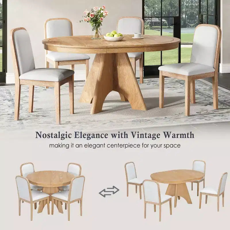 Extendable Dining Table Set for 6 with 4 Upholstered Chairs, Rustic Farmhouse Kitchen Table Set with Distressed Finish