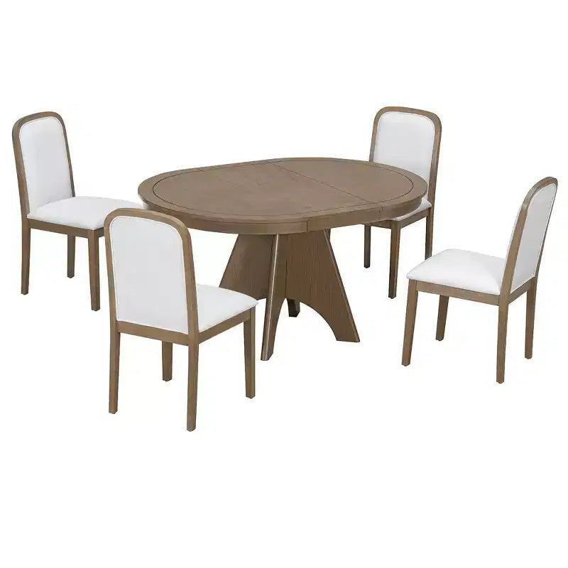 Extendable Dining Table Set for 6 with 4 Upholstered Chairs, Rustic Farmhouse Kitchen Table Set with Distressed Finish