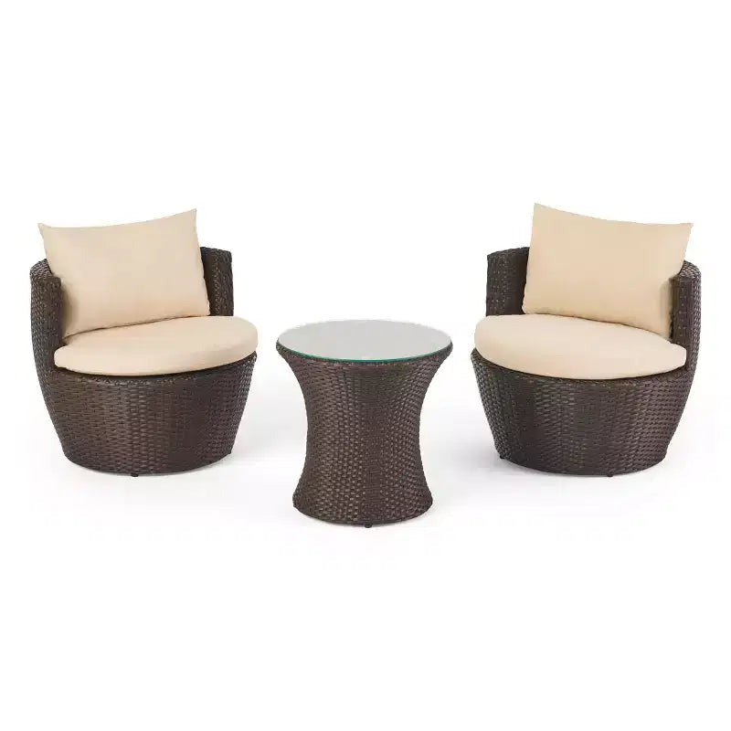 ModernLuxe 3pcs Outdoor Conversation Set Wicker Patio Chat Set, PE Rattan Chairs with Cushions & Tempered Glass Table