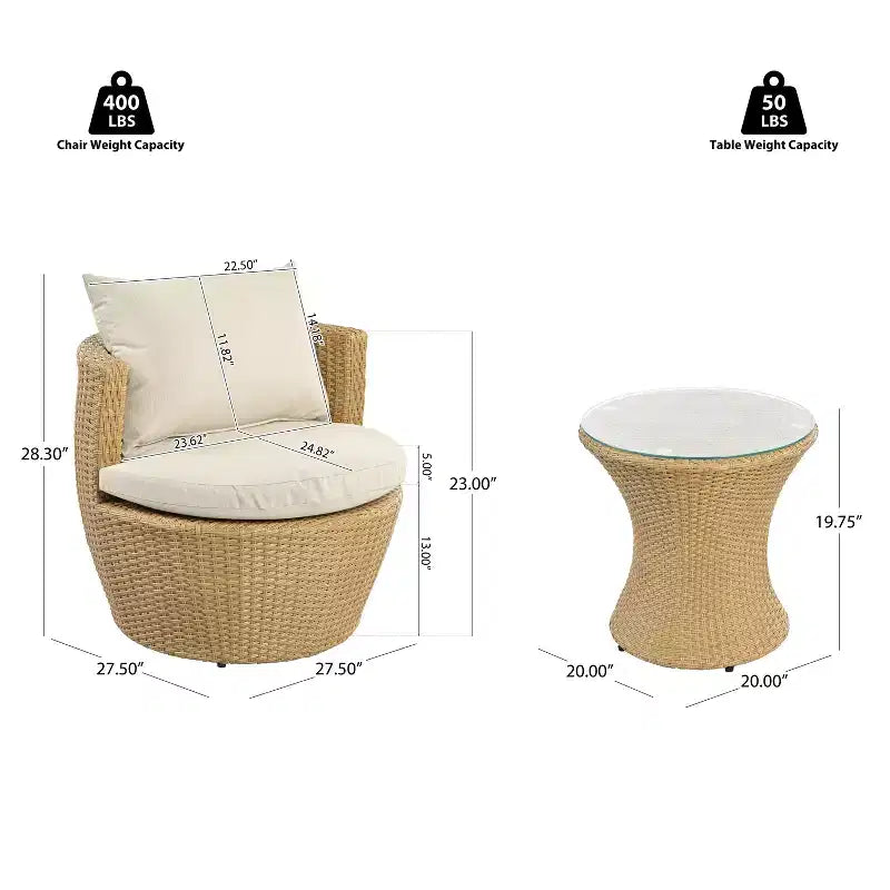 ModernLuxe 3pcs Outdoor Conversation Set Wicker Patio Chat Set, PE Rattan Chairs with Cushions & Tempered Glass Table