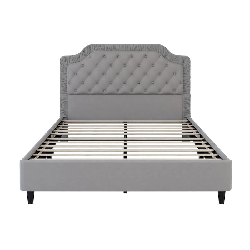 Lit capitonné Queen Size moderne avec tête de lit froncée et capitonnée, cadre en bois avec base en métal, aucun sommier tapissier requis