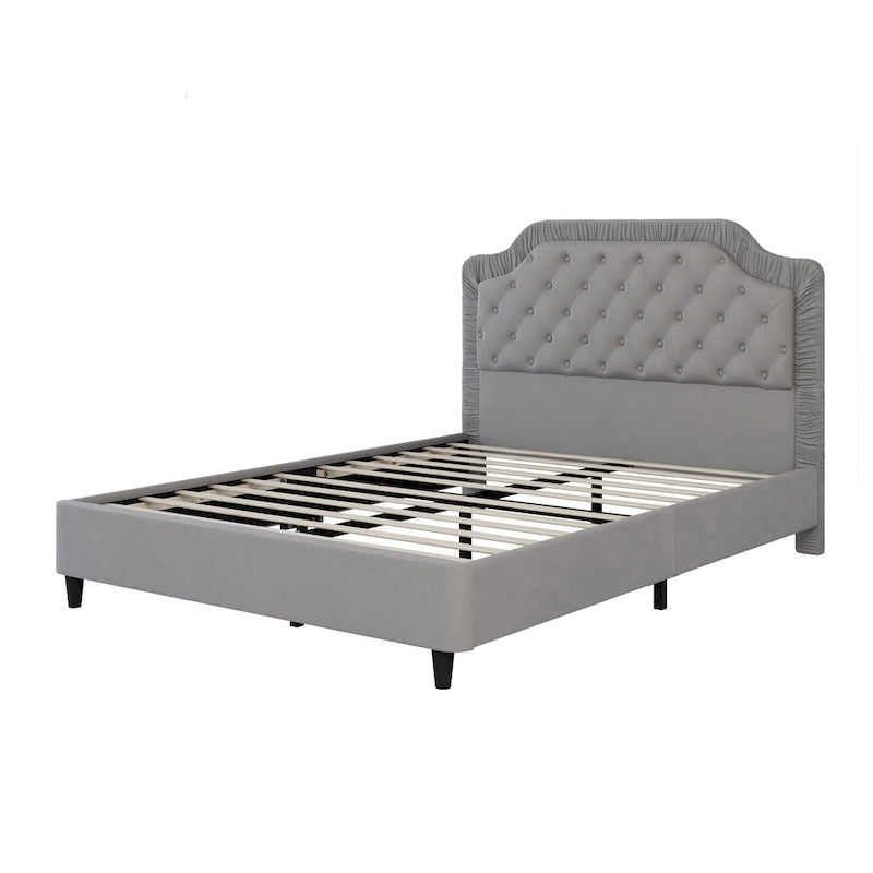 Lit capitonné Queen Size moderne avec tête de lit froncée et capitonnée, cadre en bois avec base en métal, aucun sommier tapissier requis