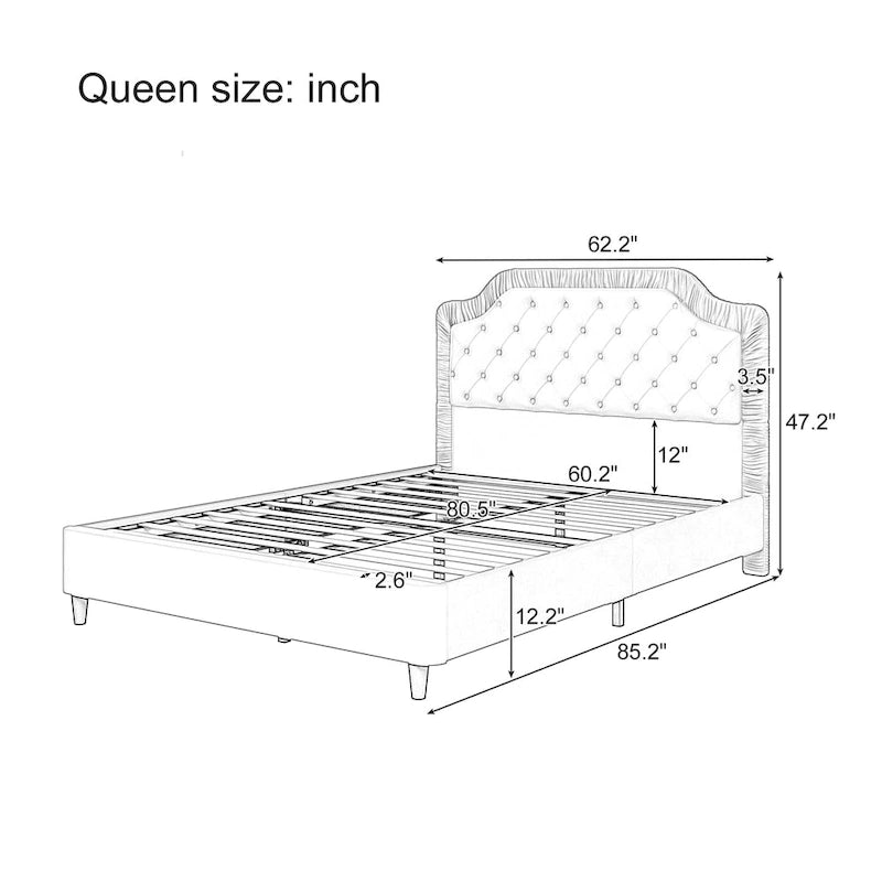 Lit capitonné Queen Size moderne avec tête de lit froncée et capitonnée, cadre en bois avec base en métal, aucun sommier tapissier requis