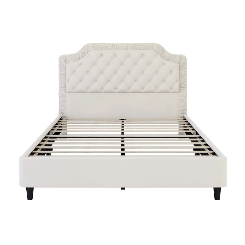 Lit capitonné Queen Size moderne avec tête de lit froncée et capitonnée, cadre en bois avec base en métal, aucun sommier tapissier requis