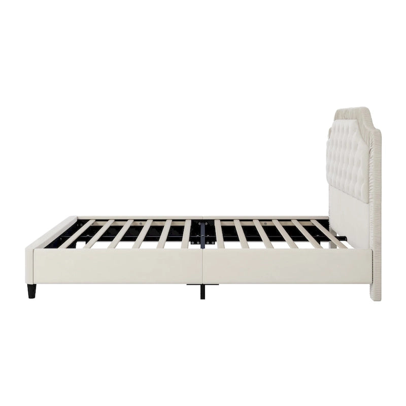 Lit capitonné Queen Size moderne avec tête de lit froncée et capitonnée, cadre en bois avec base en métal, aucun sommier tapissier requis